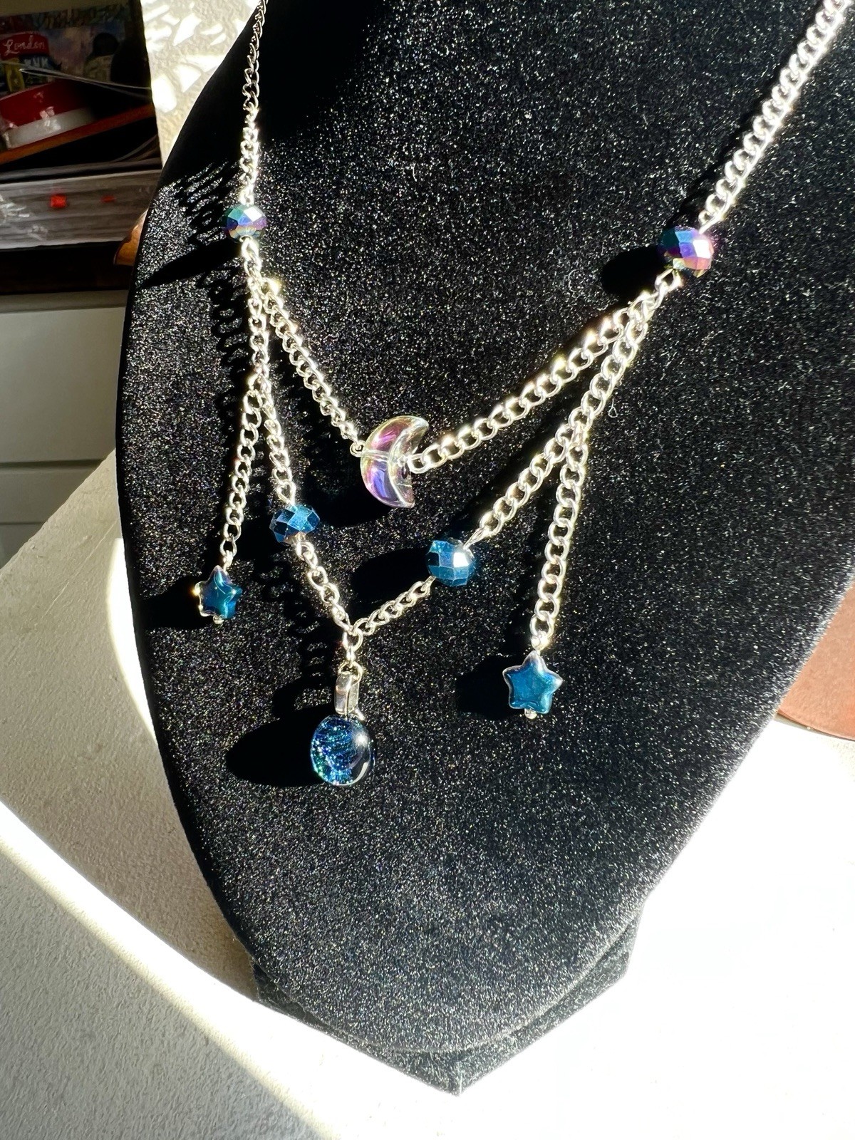 Blue Rainbow Galaxy Moon And Stars Necklace Handmade
