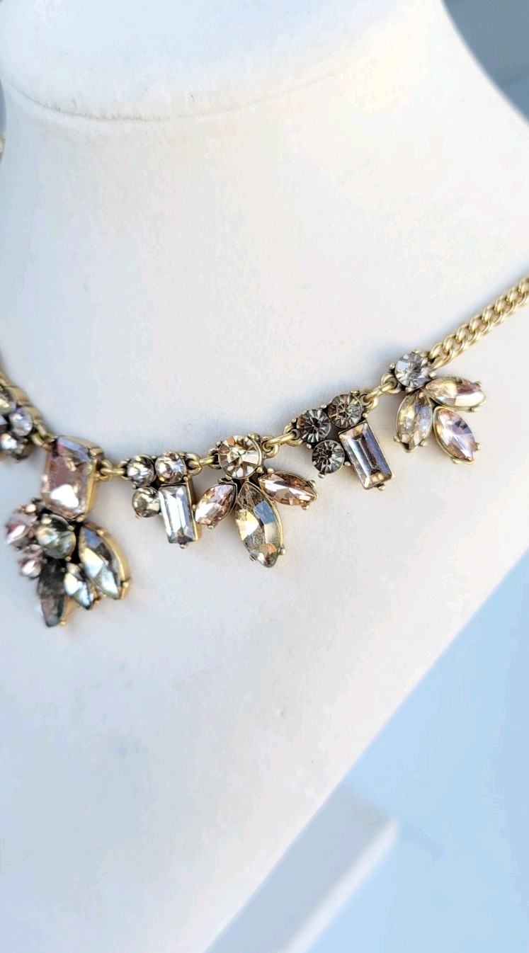 J.Crew Crystal Statement Necklace Smoky Gray Crystals Gold-tone Chain Signed