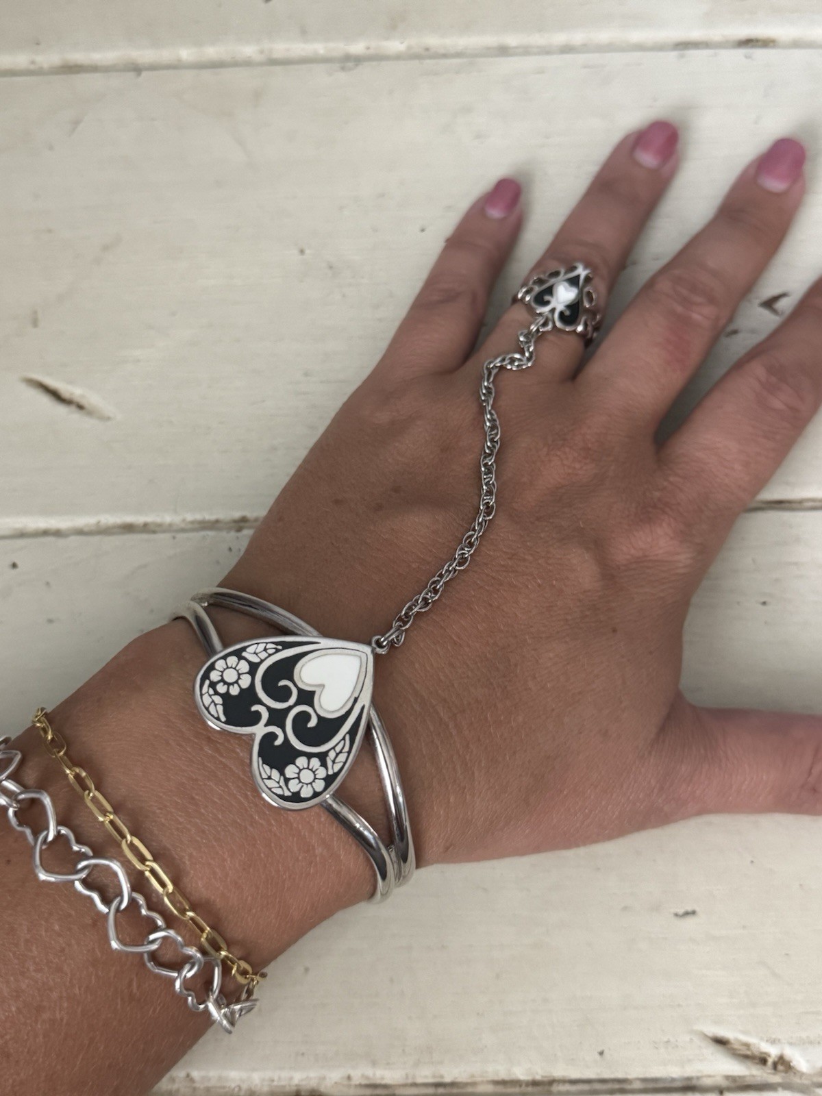 Heart Pendant Beaded Necklace & Heart Slave Bracelet Ring Set Boho Statement