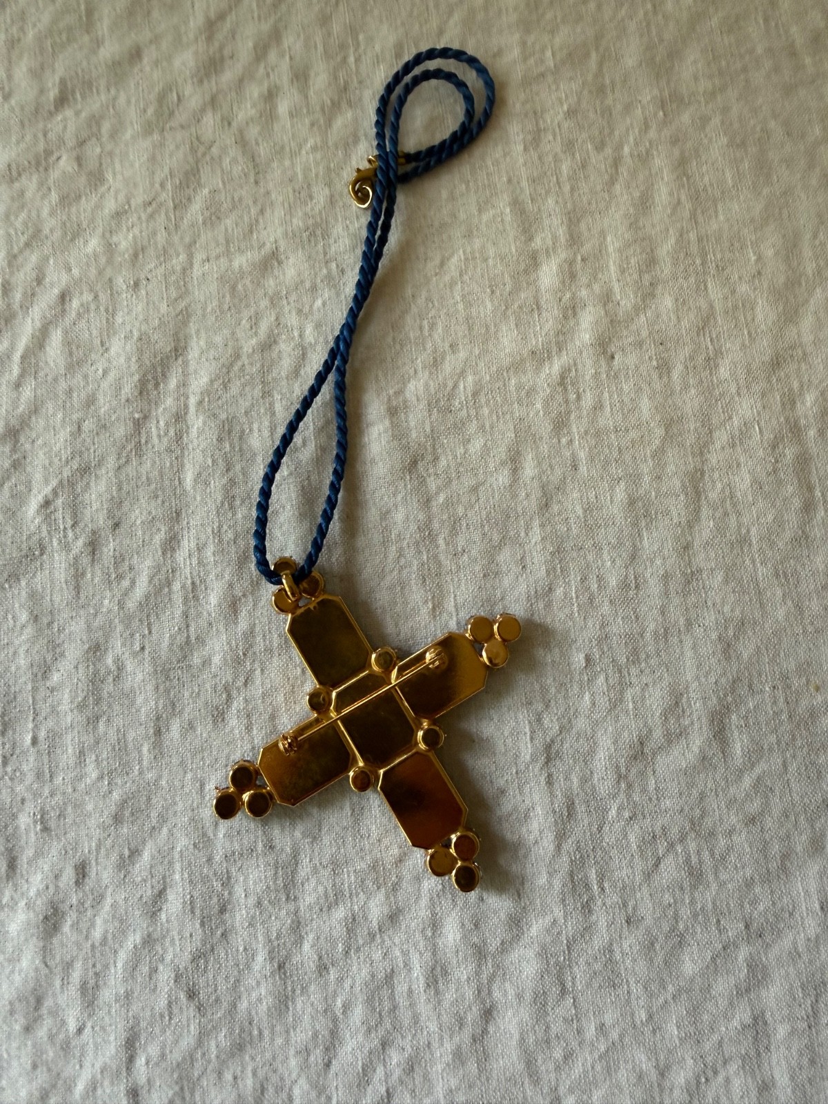 NWOT Vintage French Couture Style Cross / Brooch-Pendant Blue Glass 1980s