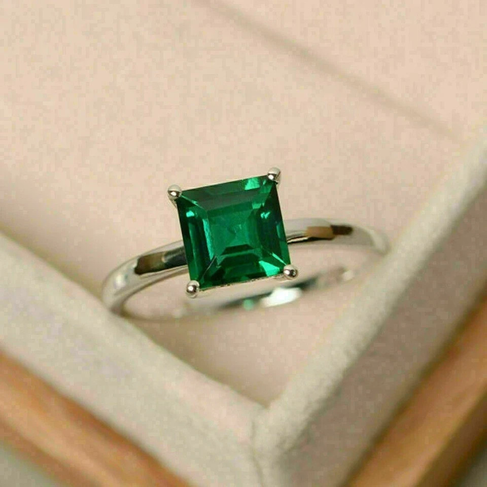 2.50 Ct Princess Green Emerald Engagement Solitaire Ring 14K White Gold Plated