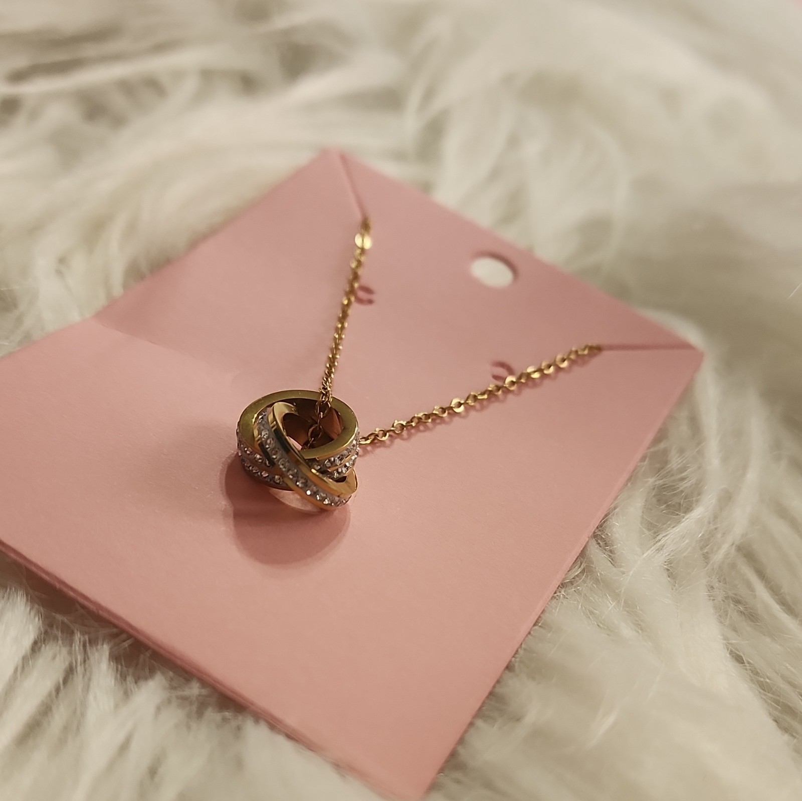 Gold Tone Knot Charm Pendant Necklace on Cable Chain w/ Pavé Clear Crystal