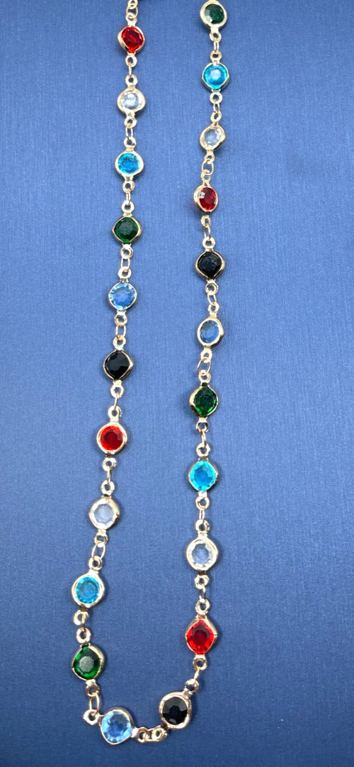 Necklace Gold Tone Blue, Red, Green, White & Black Faceted Crystals. Length 20″