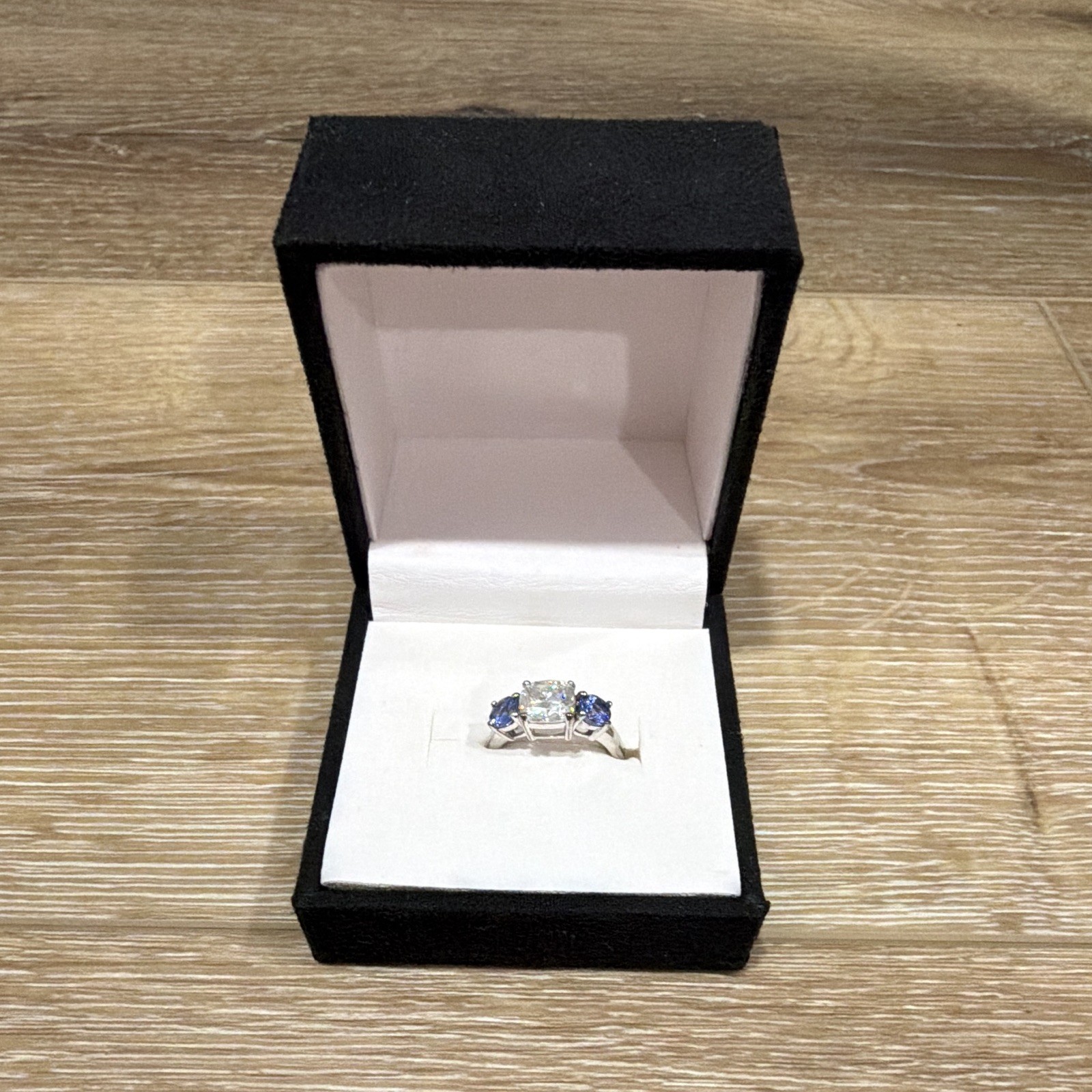 JTV 925 Sterling Silver 3-Stone Cocktail Ring Cushion Moissanite Tanzanite 6