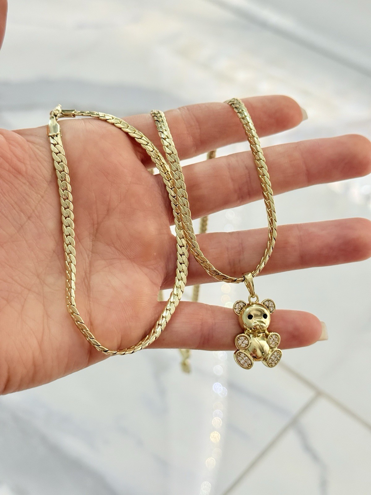 14k Gold Plated Duo Snake Chain with Bear Pendant and Bracelet Set