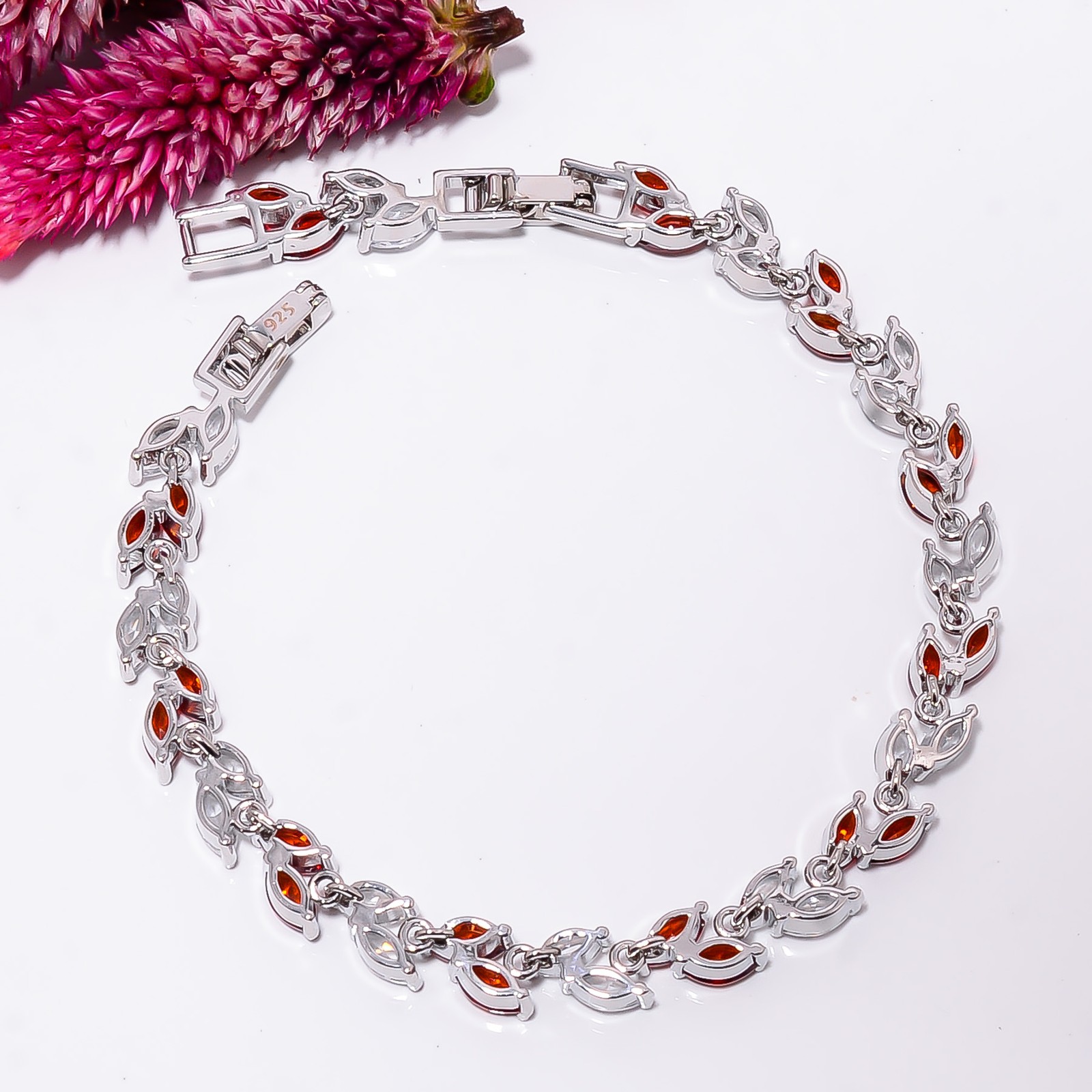 Red Garnet, White Topaz 925 Sterling Silver Adjustable Bracelet 7-8″ B141374