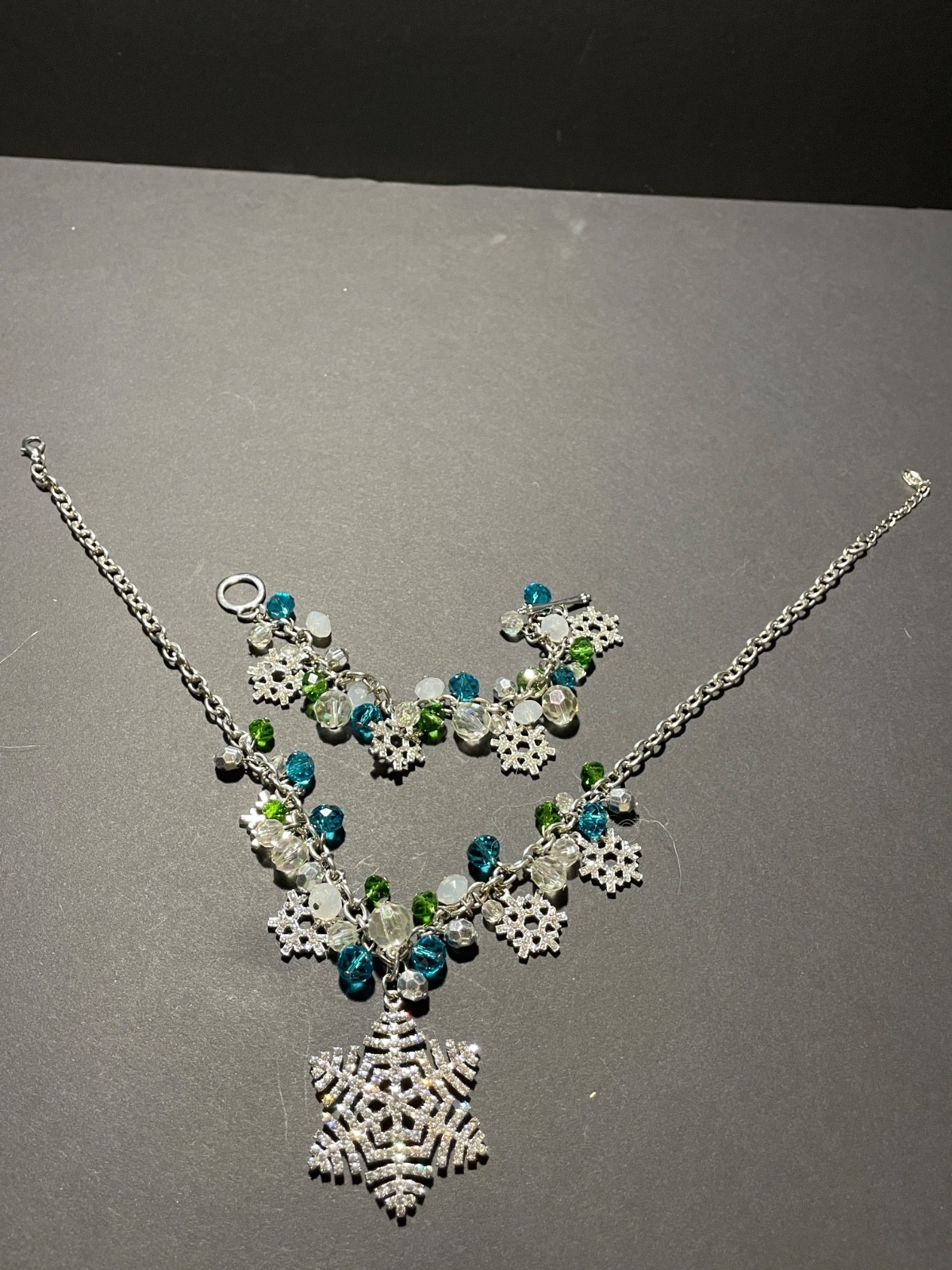 Pier 1 Snowflake Necklace Bracelet Set 19-21″ Holiday Christmas Rhinestone Charm