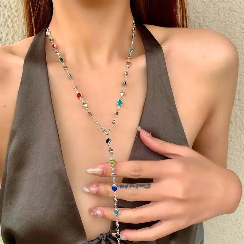 Luxury Heart Colourful Crystal Zircon Necklace for Women Shiny Rhinestone Long T