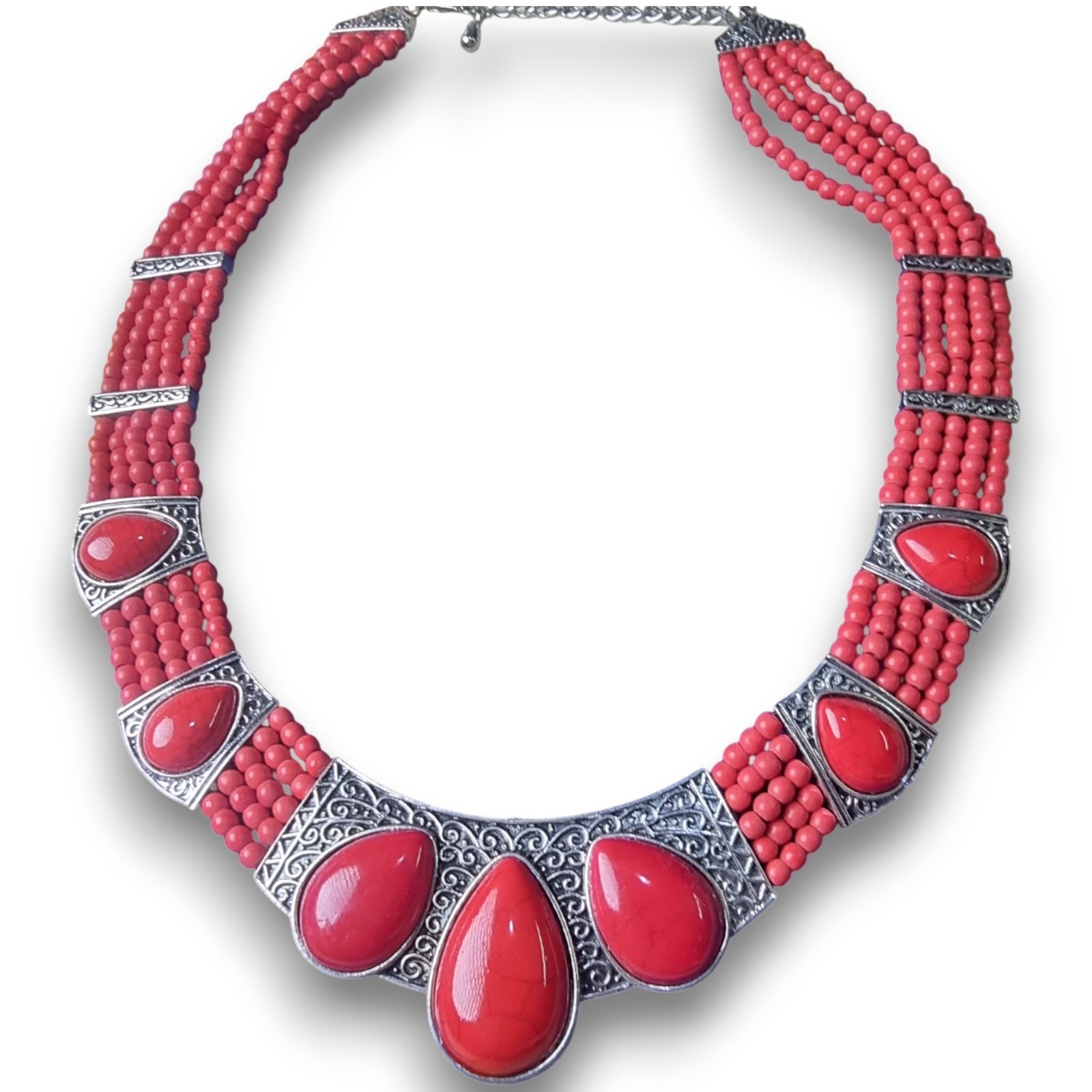 Boho Red Bead Multi-Strand Bib Necklace Silver Scrollwork Tribal Statement