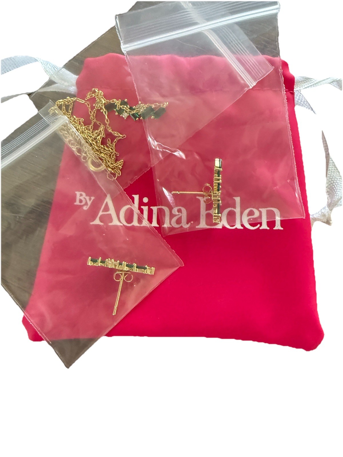 Adina Eden Emerald Green CZ Baguette Necklace & Earrings Set Gold Tone