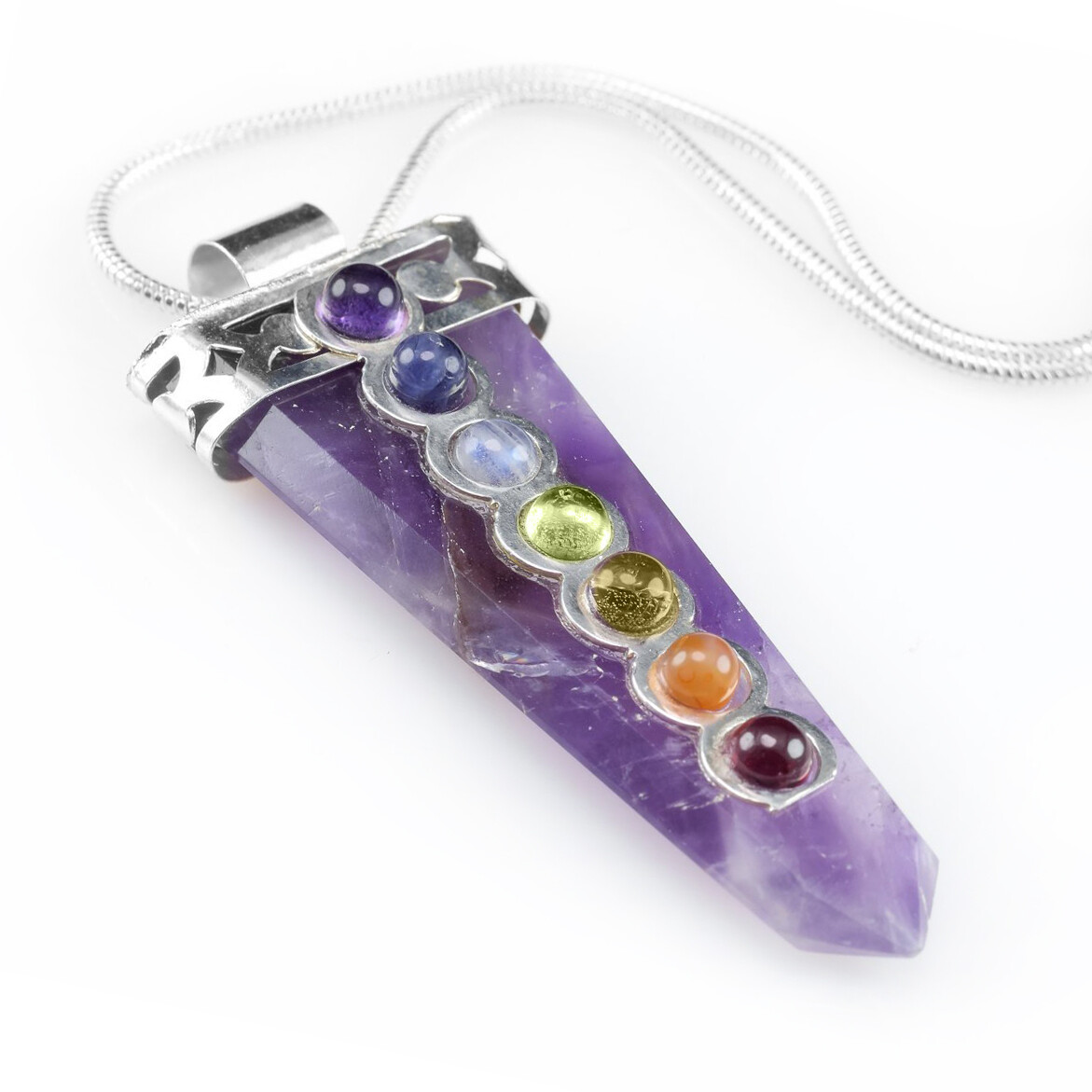 CHARGED Amethyst Crystal Point 7 Chakra Gemstone Silver Pendant & Necklace Reiki