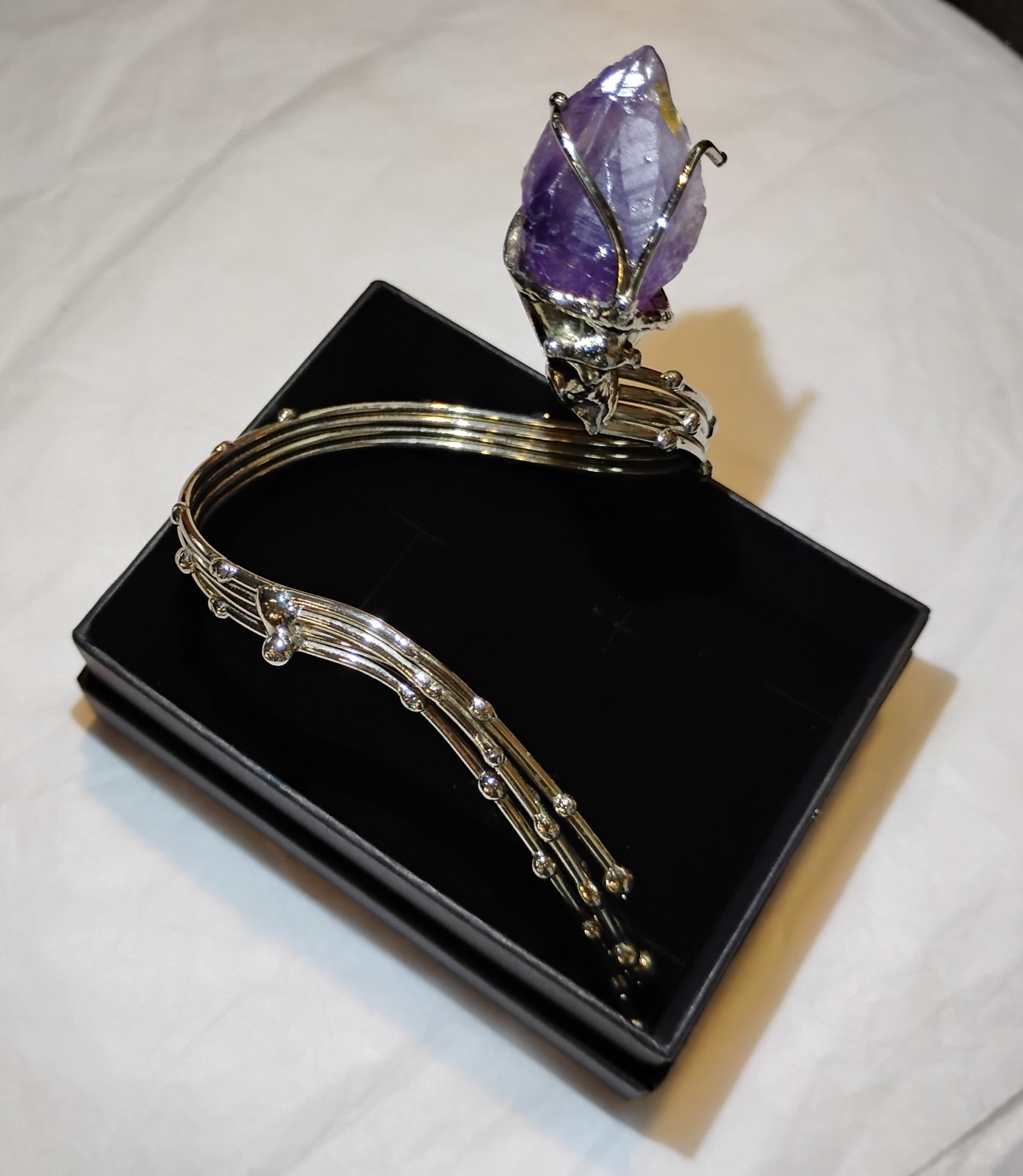 Raw Amethyst Point Silver Tone Brutalist Sculptural Wrap Bracelet