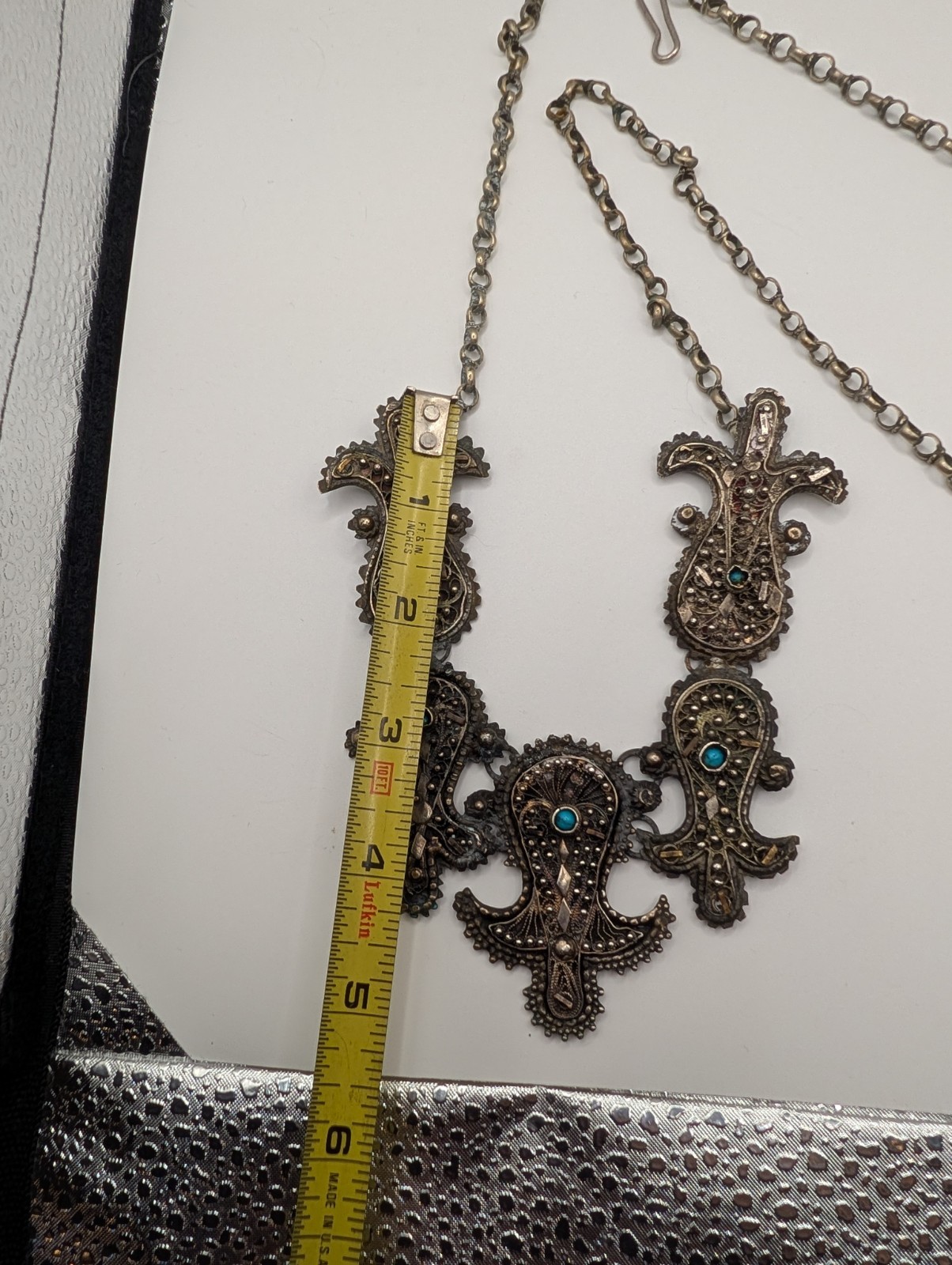 Vintage Middle Eastern Style Filigree Bib Necklace Blue Glass Cabochons