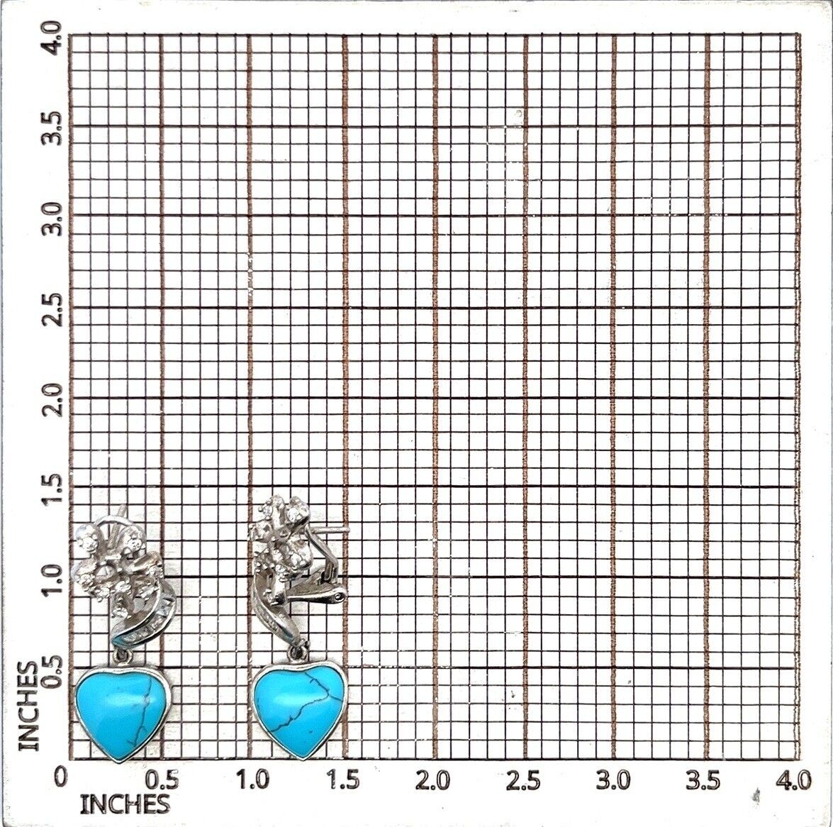 925 Sterling Silver Omega Back CZ & Turquoise Heart Dangle Earrings 9.1g