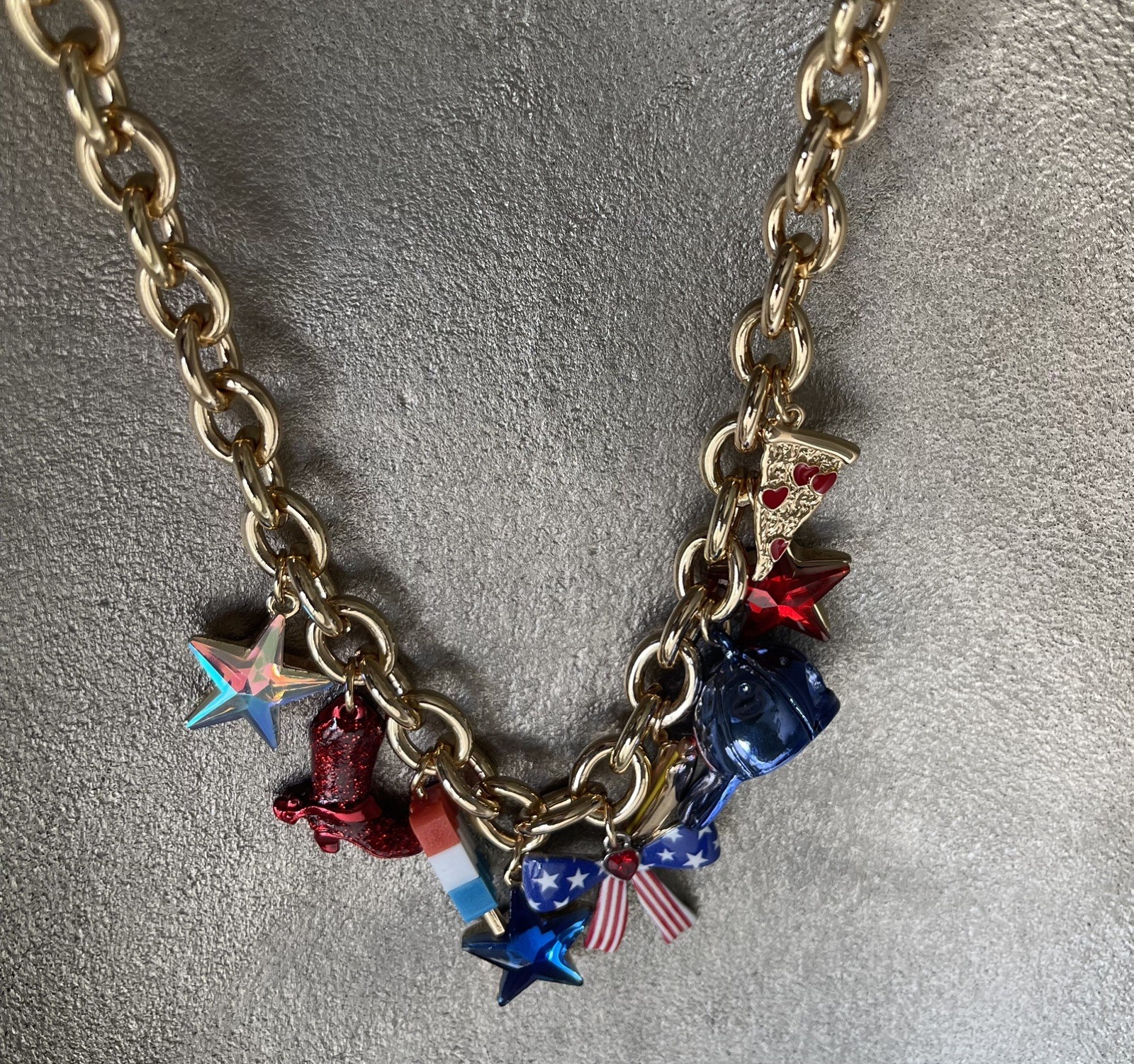 Betsey Johnson Americana USA Red White Blue Charm Shiny Gold Tone Necklace NWT