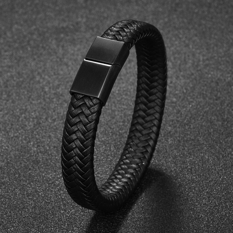 Unisex Women Men Braided Leather Steel Magnetic Clasp Bracelet Handmade