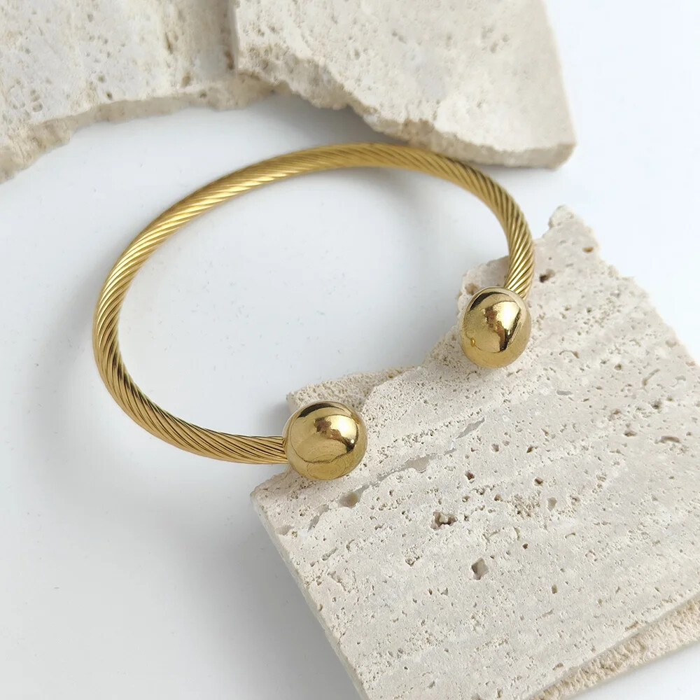 Double ball gold-plated stainless steel bracelet, twisted steel wire C-shaped