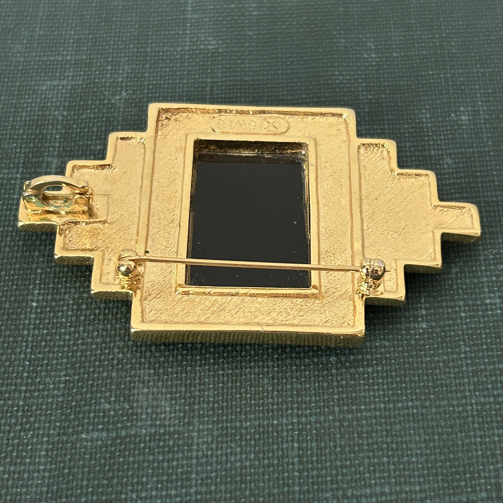 VTG 1980’s SMB Sandra Miller Burrows Brooch & Slide Pendant Gold Tone Blk Glass