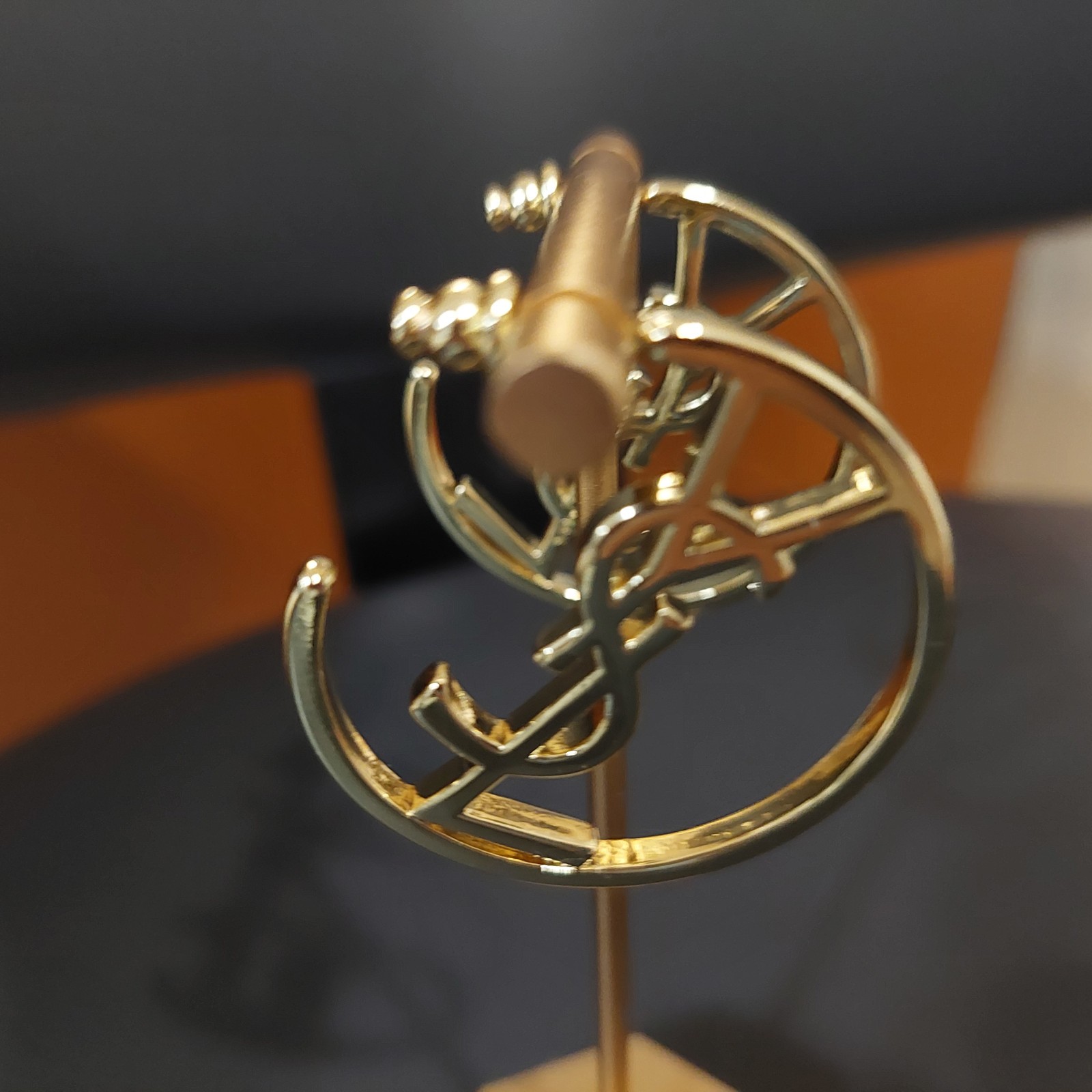 Auth. YVES SAINT LAURENT YSL LOGO Large HOOP EARRINGS Gold Tone