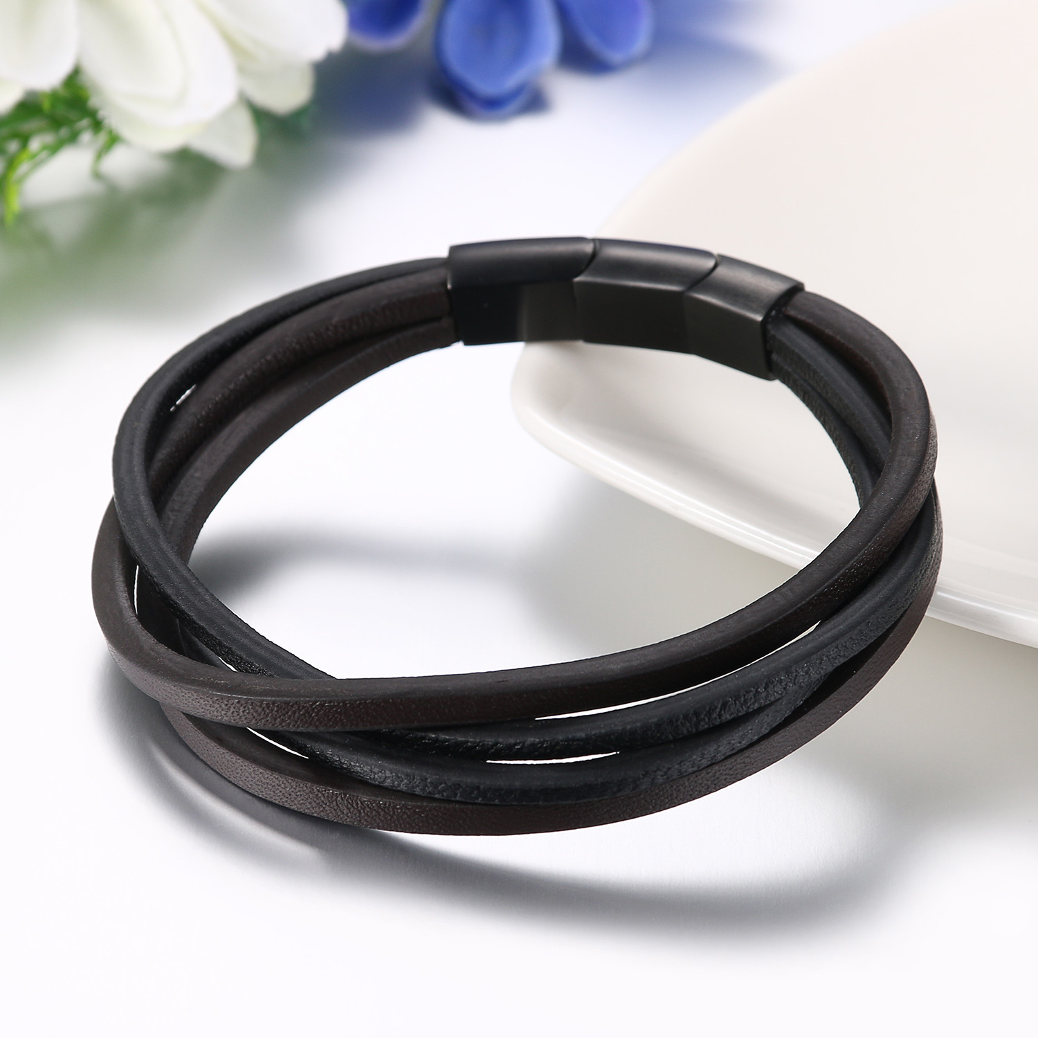 Men’s Brown Leather Stainless Steel Magnetic Buckle Charm Bracelet Bangle Cuff