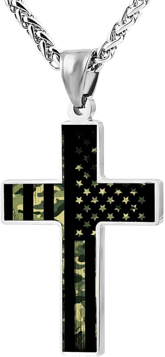 American Flag Patriotic Cross Pendant Necklace Christian Religious Men&women24in