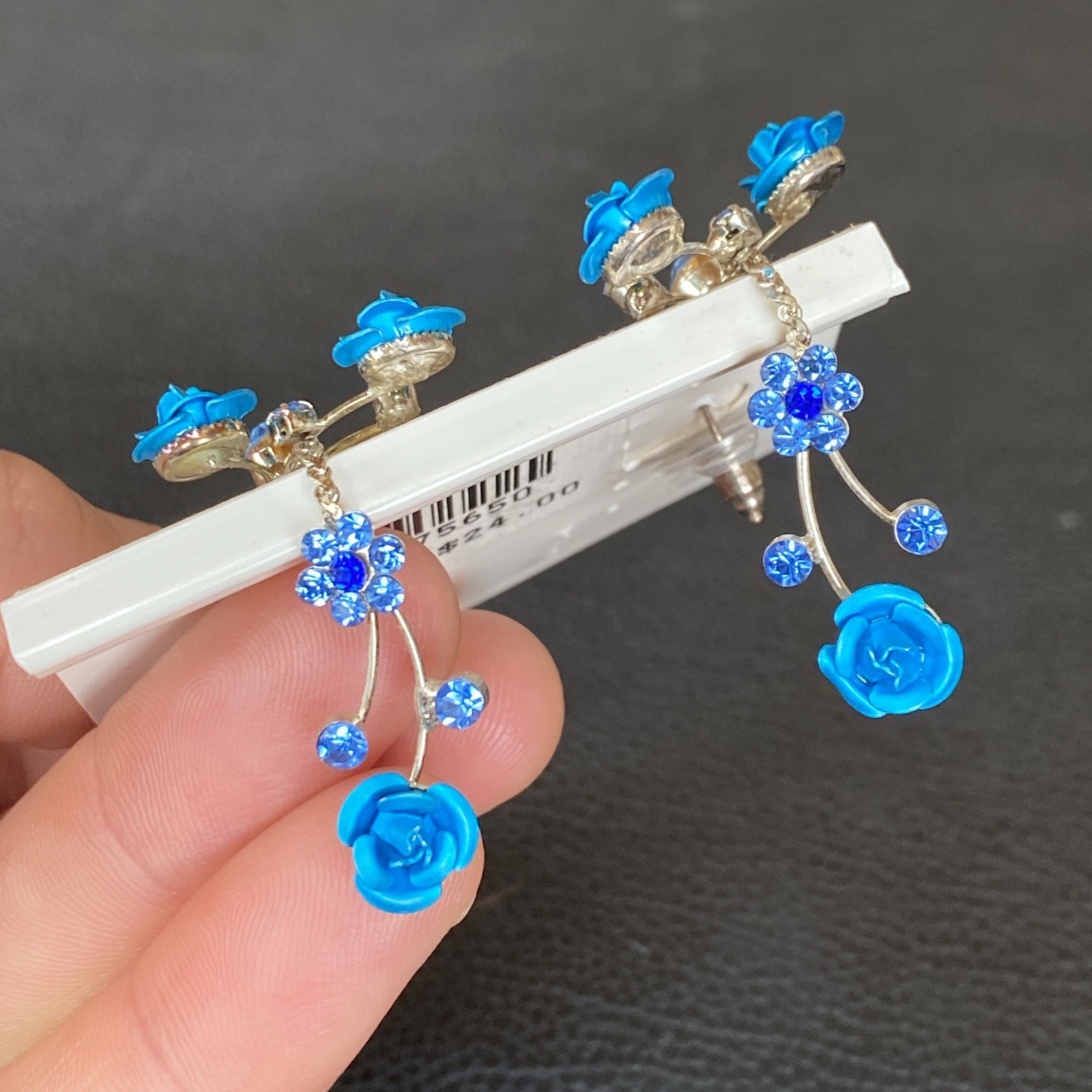 Faceted Blue Rhinestone Retro Aluminum Rose Dangle Silvertone Flower Earrings