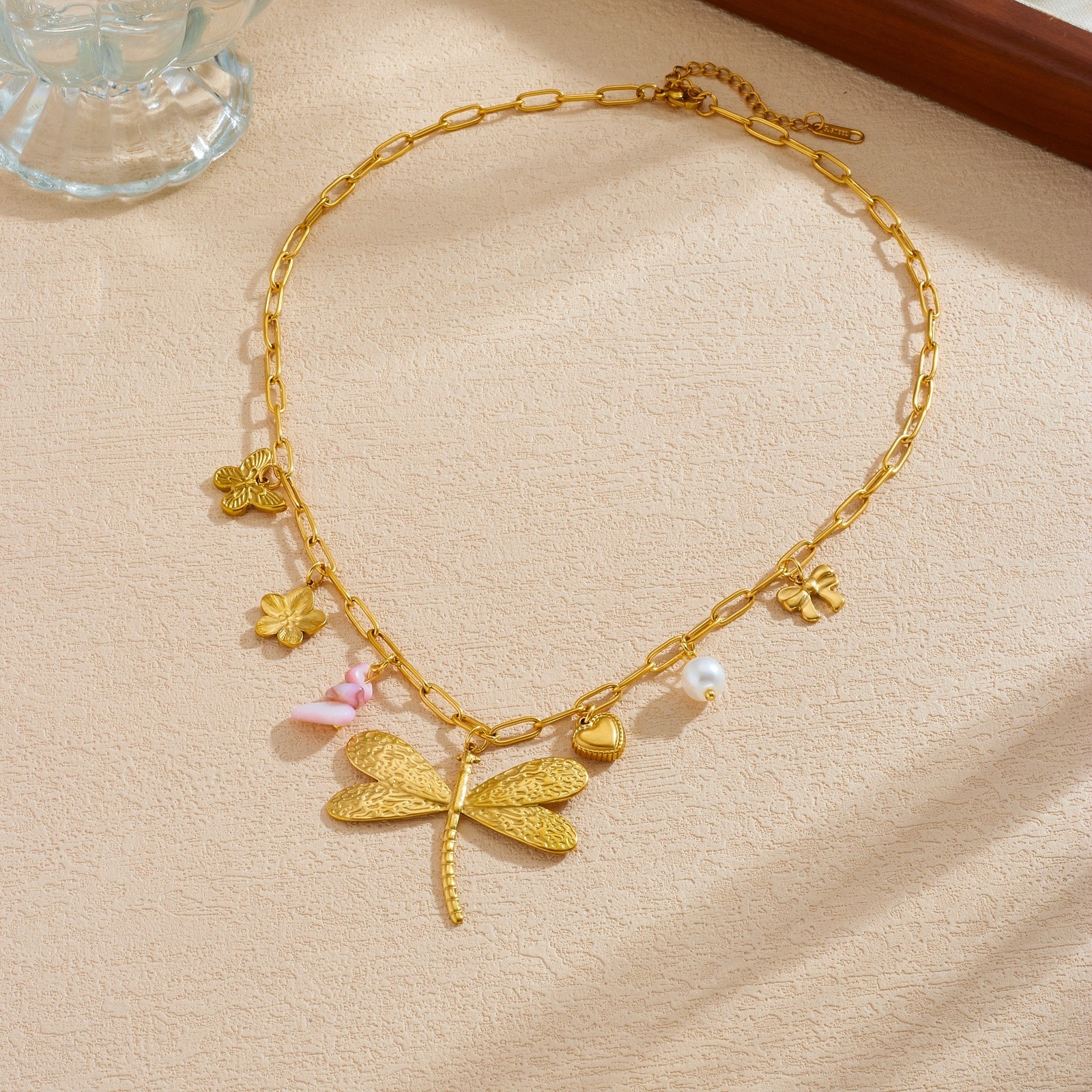 316L Stainless Steel Dragonfly Flower Bow Necklace Multi Pendant Waterproof