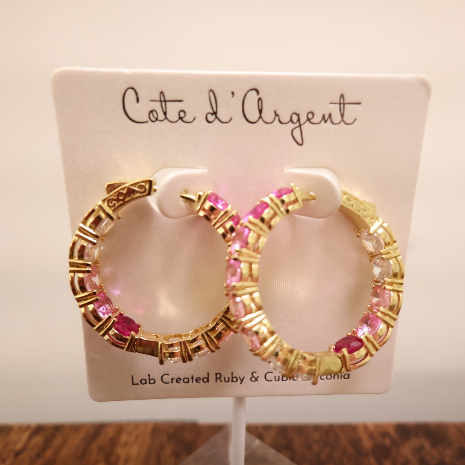 Cote d’Argent earrings pink crystal hoops inside-out lab-created rubies CZ 925