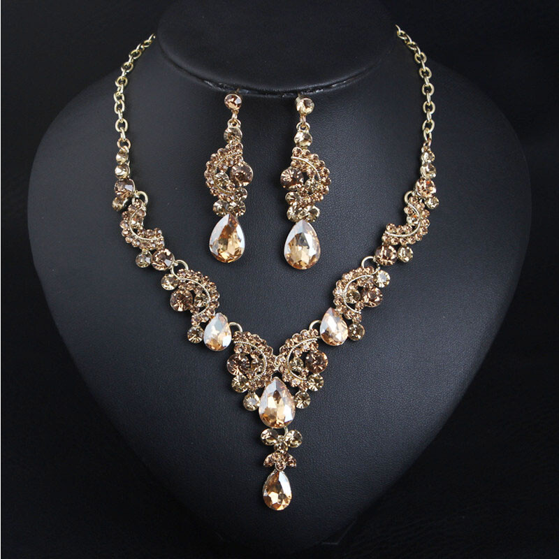 Wedding Bridal Crystal Necklace Earring Jewelry Set Women Evening Party Gifts