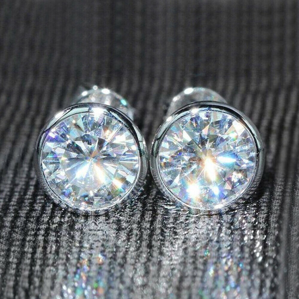 Stunning New Silver Plated 7mm Clear White Round Bezel Set CZ Stud Earrings