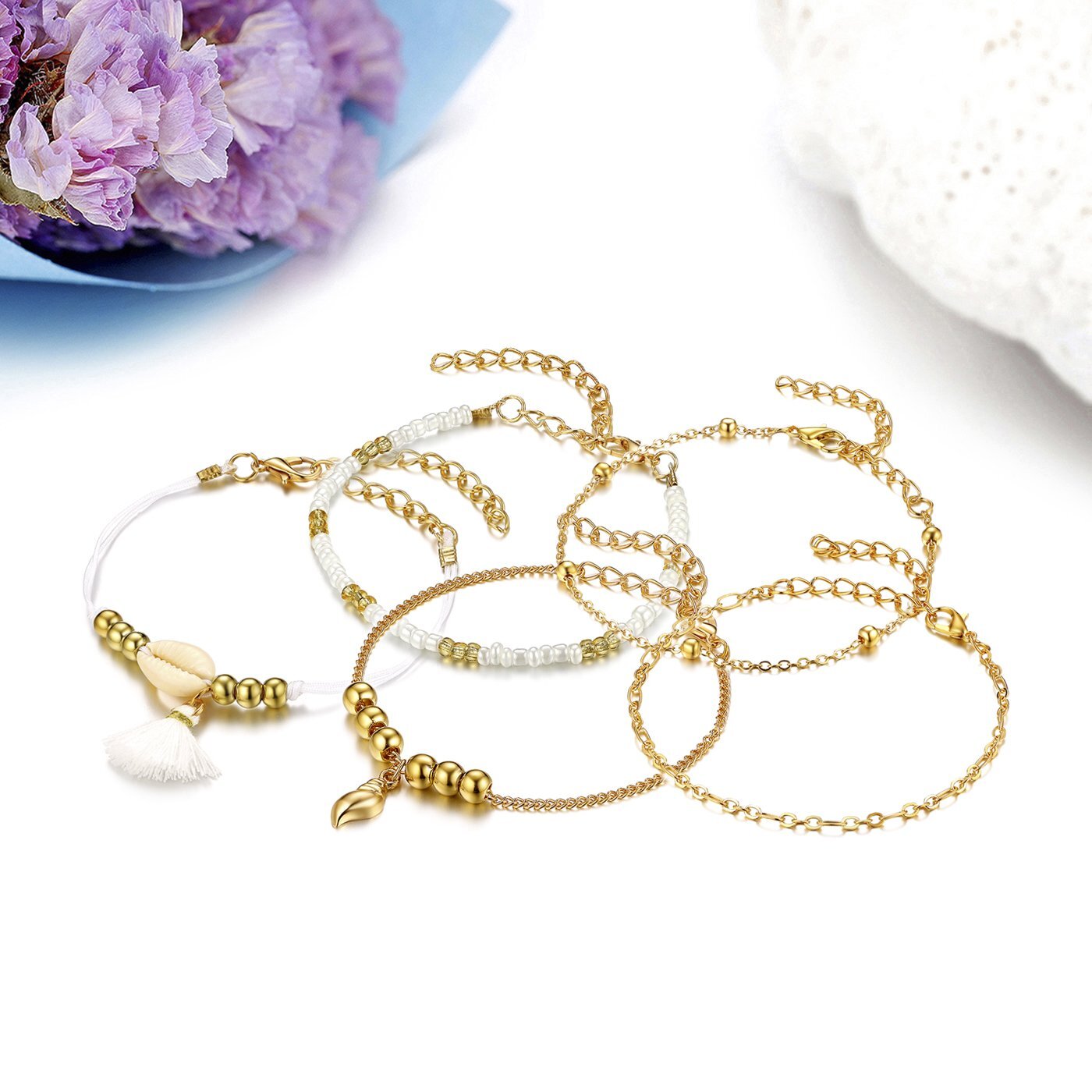 Fashion Women Boho Shell Star Ankle Bracelet Beaded Adjustable Beach Anklet Set