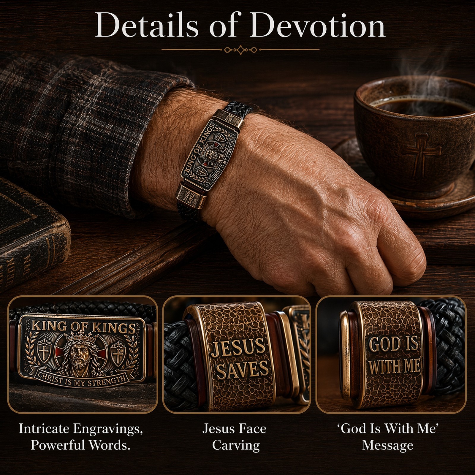 King of Kings Religious Bracelet, Adjustable Inspirational Wristband for Men