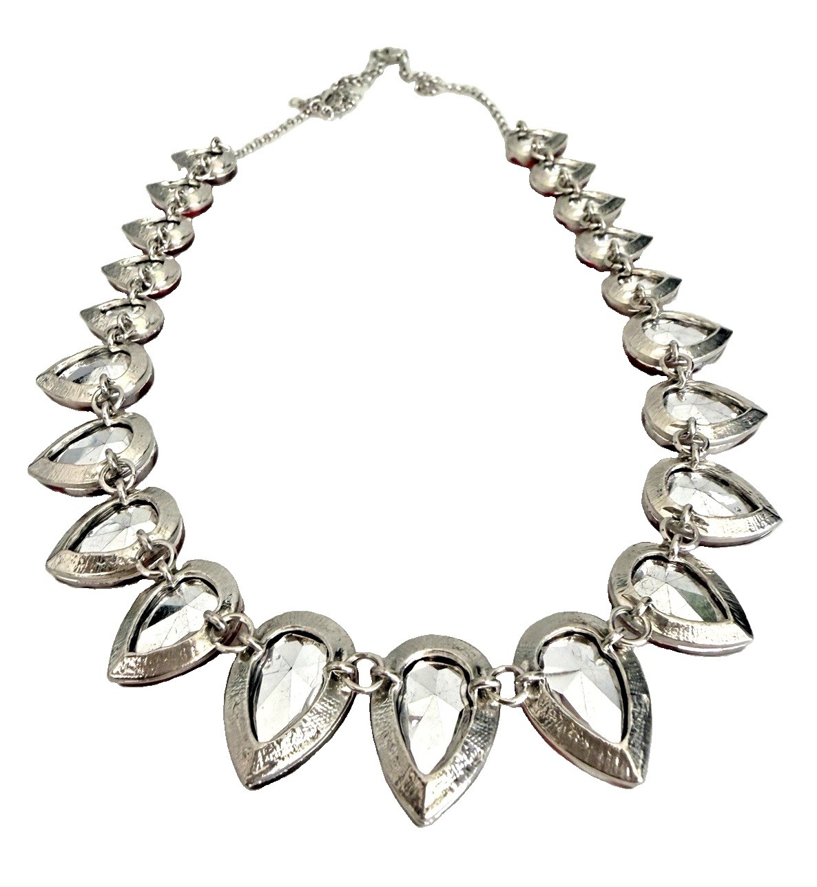 Unsigned Silver Tone Chunky Red Crystal Teardrop Fashion Statement Necklace