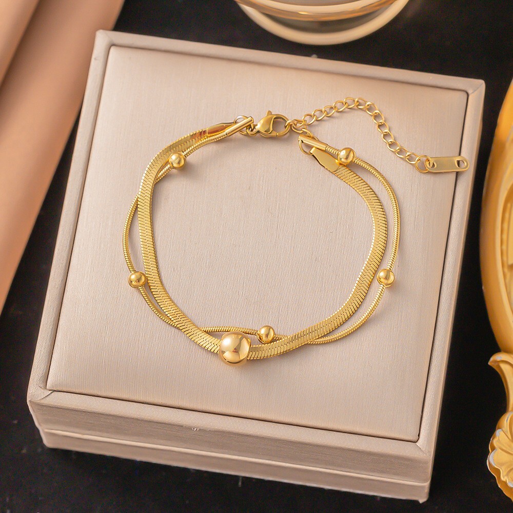 14K Gold Plated Stainless Steel Herringbone Snake Bracelet Bead Adjustable T34