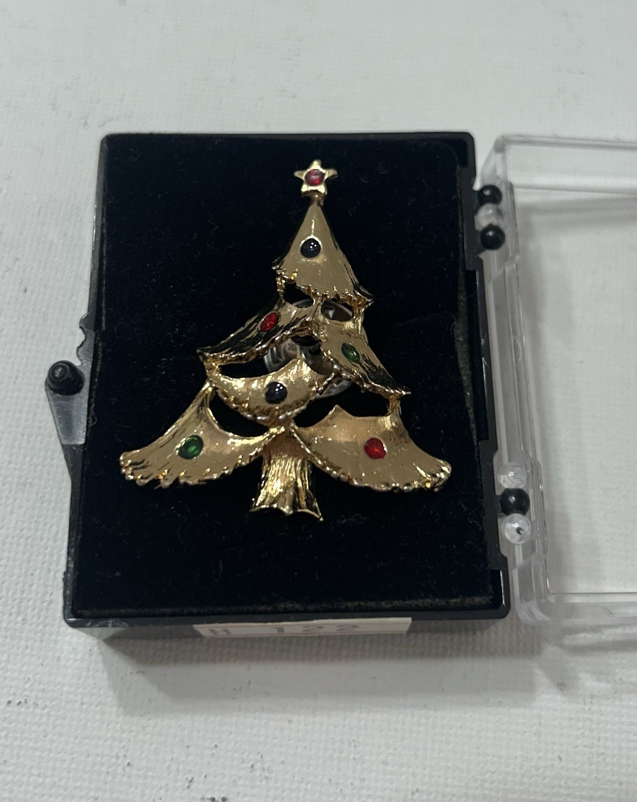 Gold Tone Metal Christmas Tree Brooch Pin Back Red Green Blue Accents