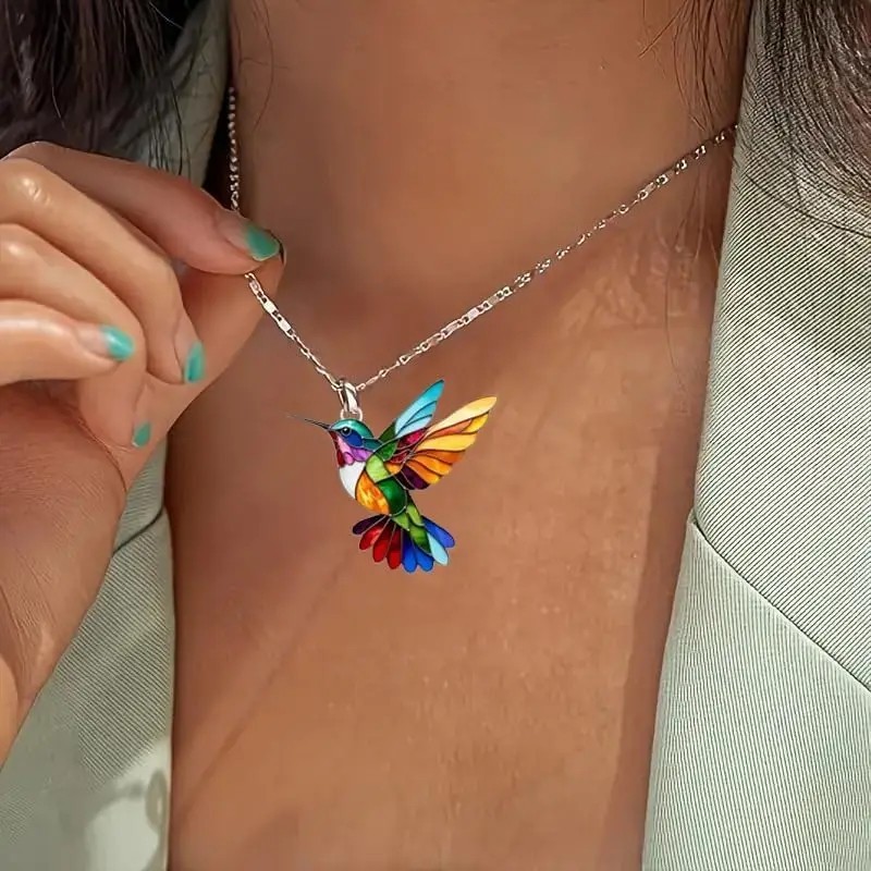 Colorful Hummingbird Necklace and Dangle Earrings Set Bird Lover Jewelry Gift fo