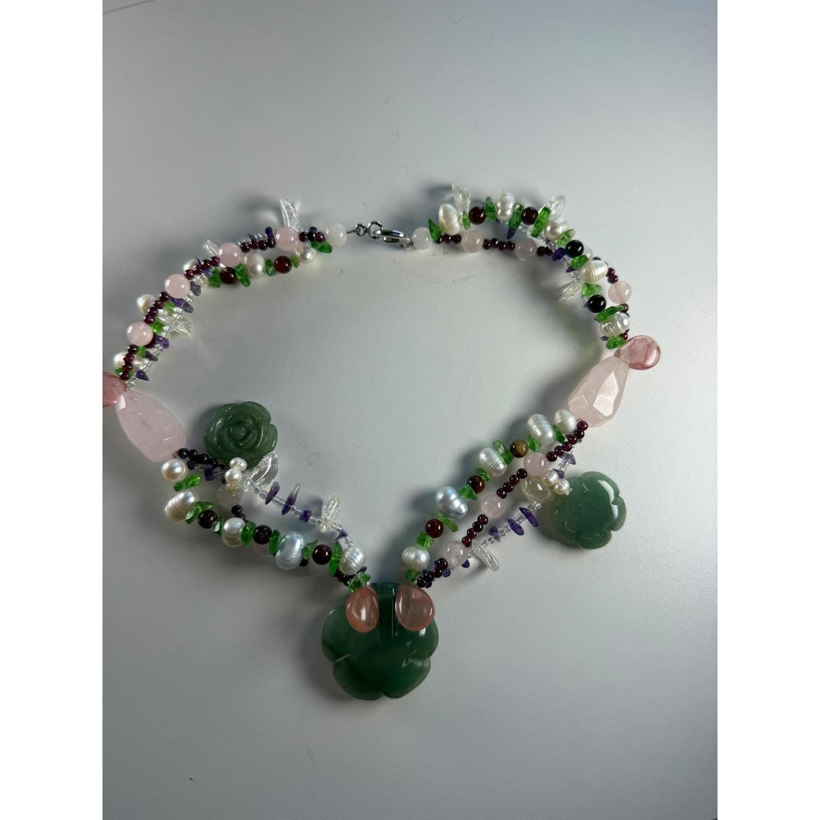 Green Aventurine Carved Rose Gemstone Pearl Multi-Strand Statement Necklace Boho