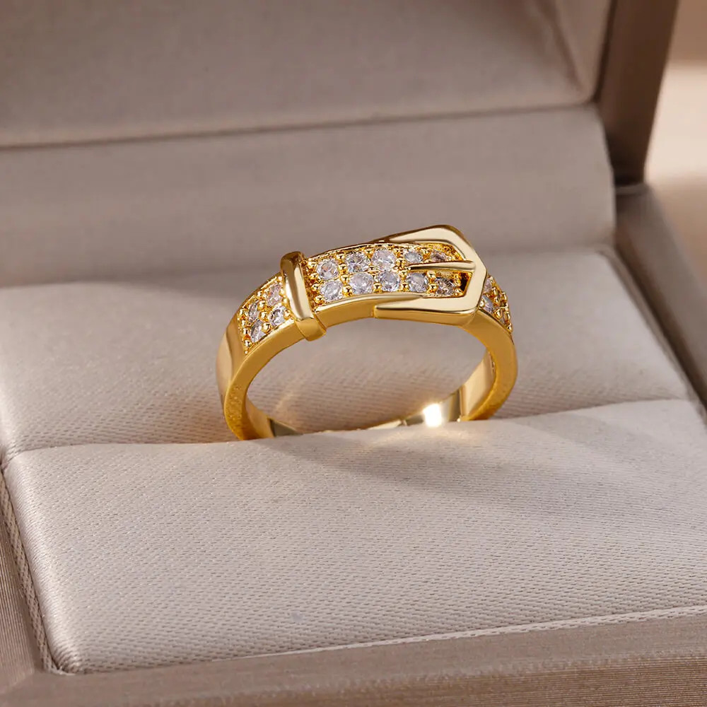 Geometric Belt Ring Adjustable Stainless Steel Simulated Zirconia Unisex Jewelry