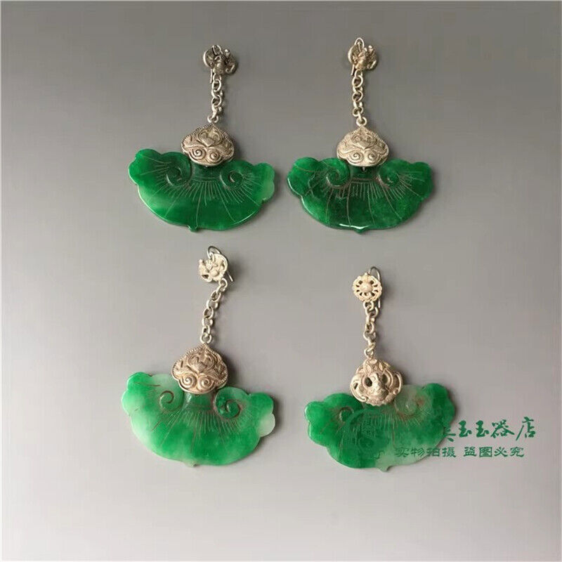 Chinese Antique Tibetan Silver Inlaid Natural Jade Earrings Lucky Jewelry Gifts