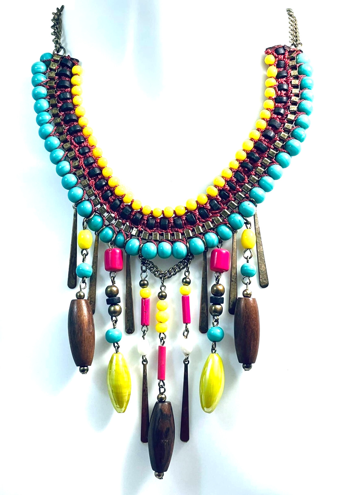 Boho Ethnic Statement Dangle Necklace Fringe Artsy Beachy Bright Multicolor VTG