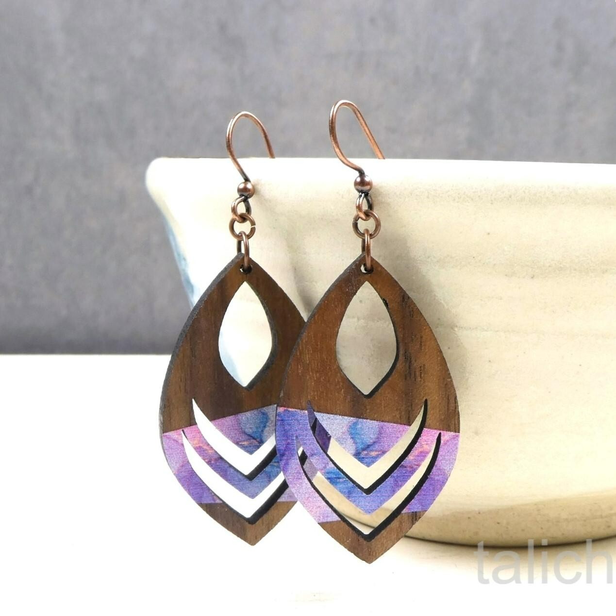 DC Designs Cutout Walnut Wood Earrings with Pink Purple Art Print Boho Chic E43W