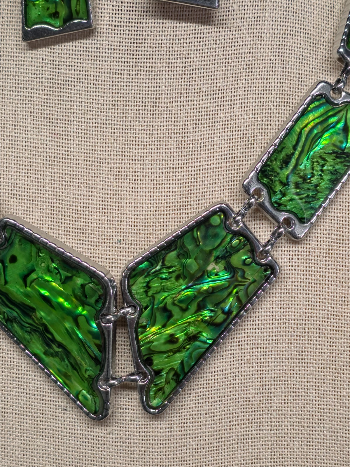 Artisan Abalone Shell Necklace Earring Set Silver Tone Rectangle Mosaic 16-18″