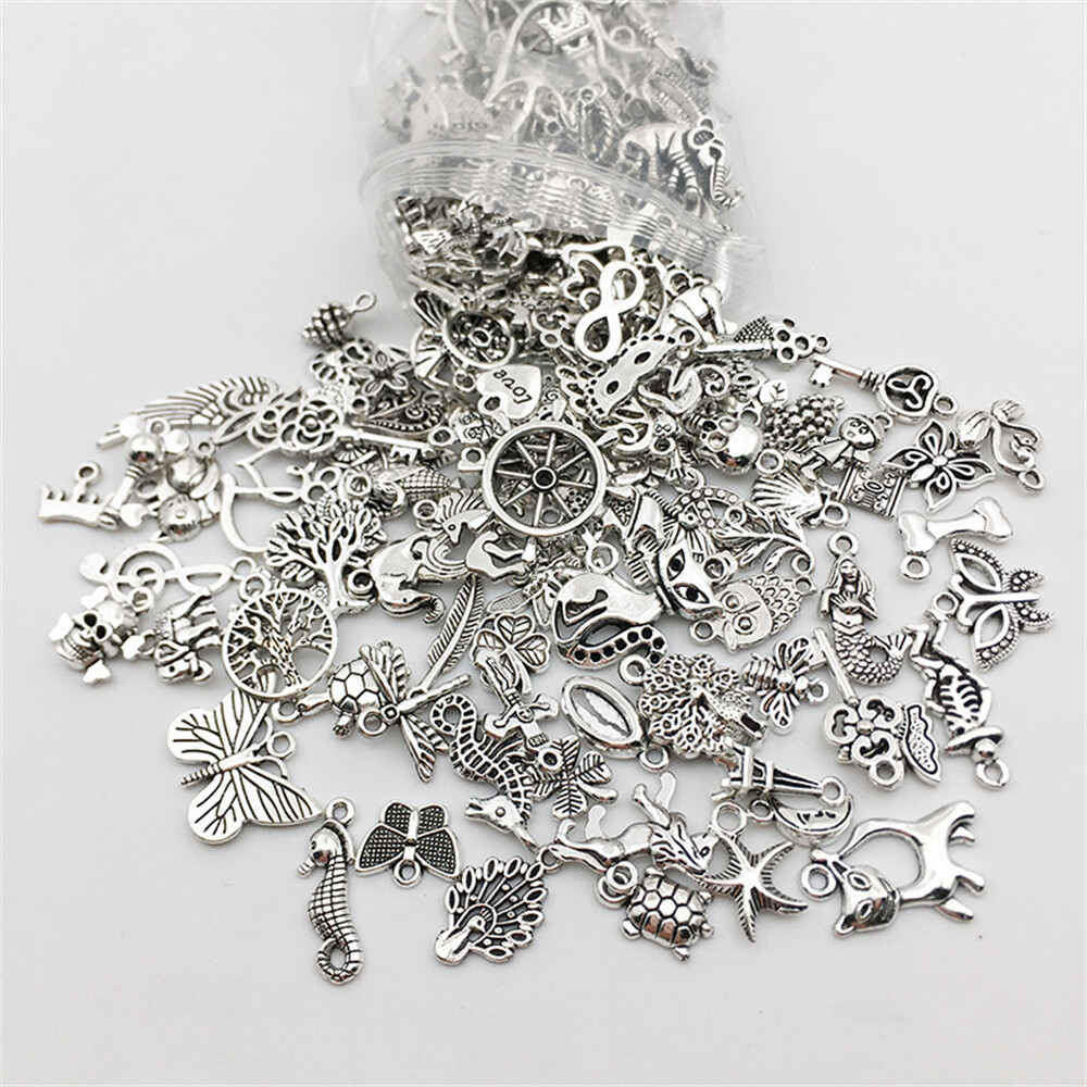 300Pcs Metal Alloy Silvery Charm Pendant Beads for DIY Jewelry Accessories