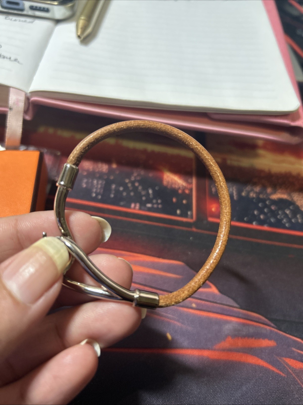 Authentic Hermes Hook Leather Bracelet Brown Wrap Silver Hook Clasp