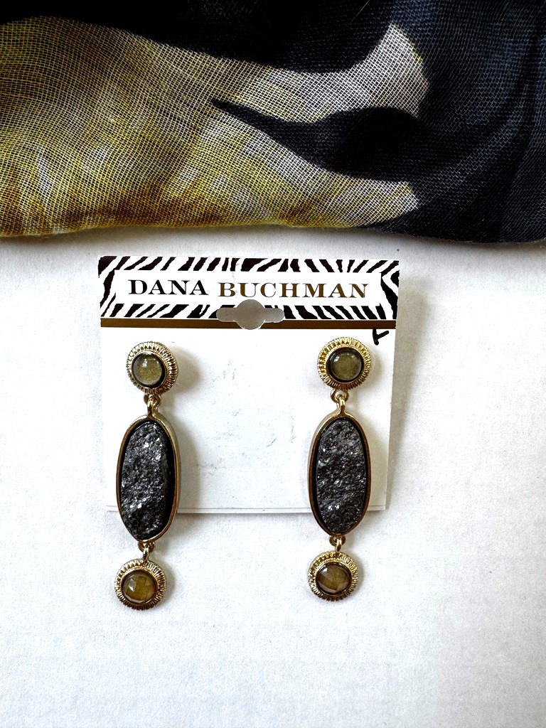 Dana Buchman Dangle Earrings – Gold-Tone, Gray Druzy, Green & Gold Stones NEW