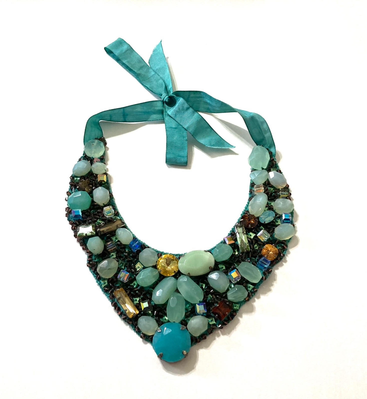 Designer Roberta Freymann Ribbon Bib Statement Necklace Gems Beads Stones