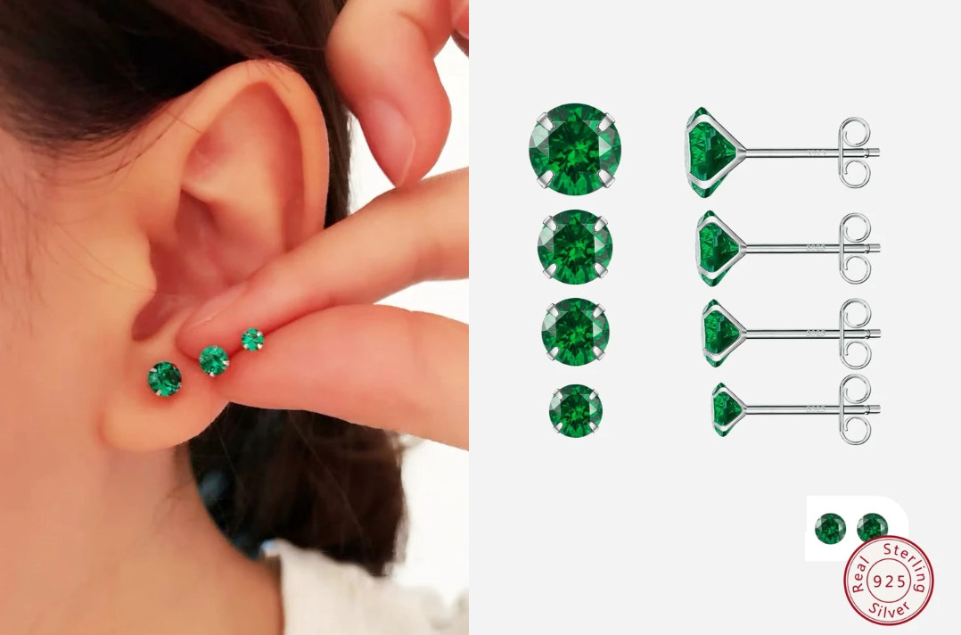 Trendy Hypoallergenic Platinum Plated Sterling Silver Green CZ Stud Earrings