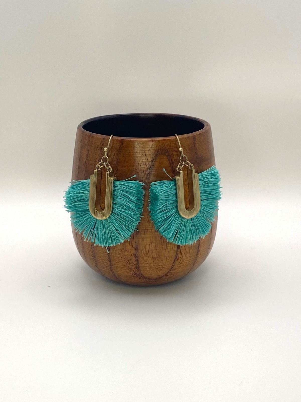 Aqua Bohemian Gold-Tone Geometric Arch Fringe Fan Earrings