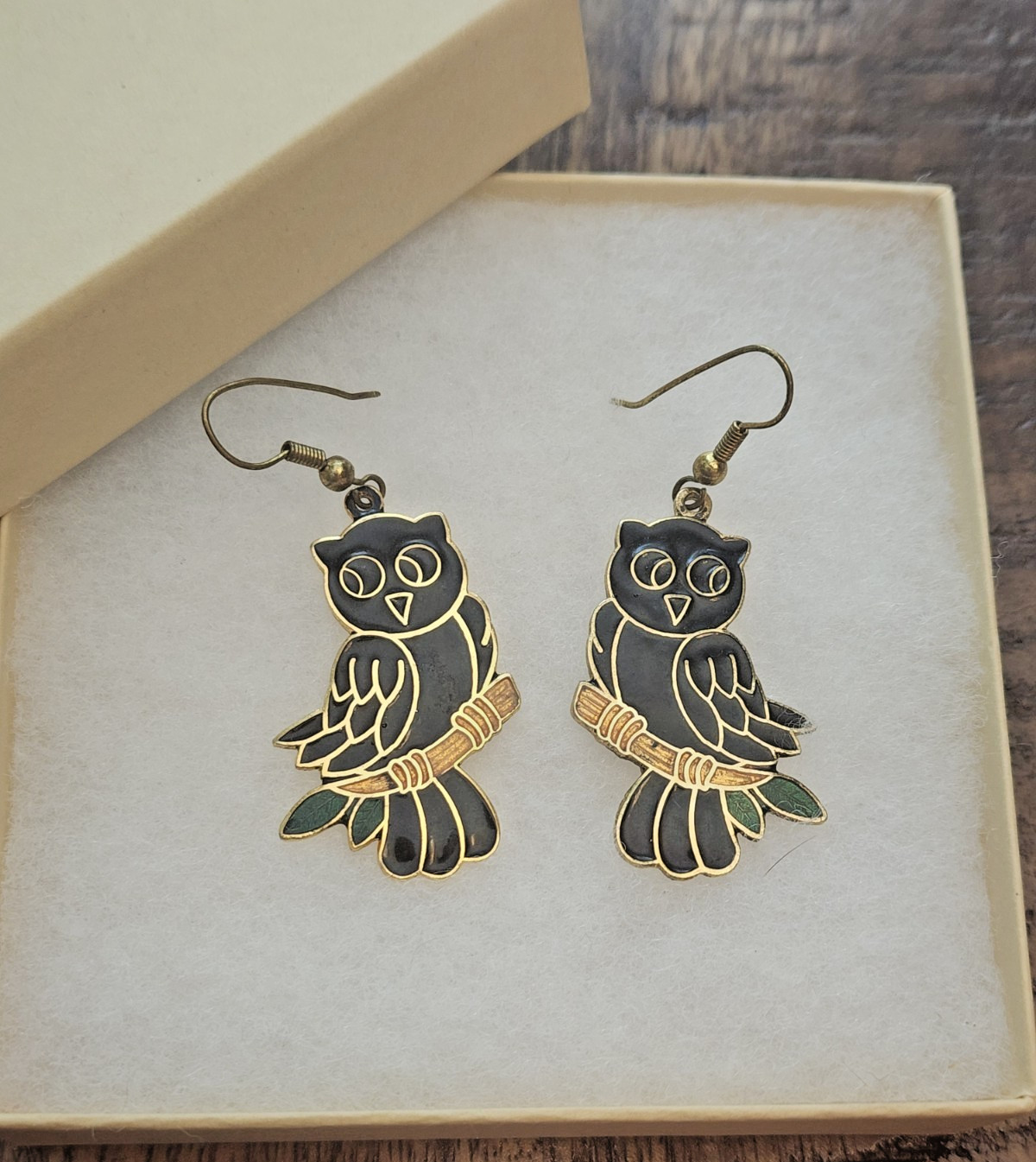 Owl Earrings Cloisonne Black Multi Color Dangling Drop