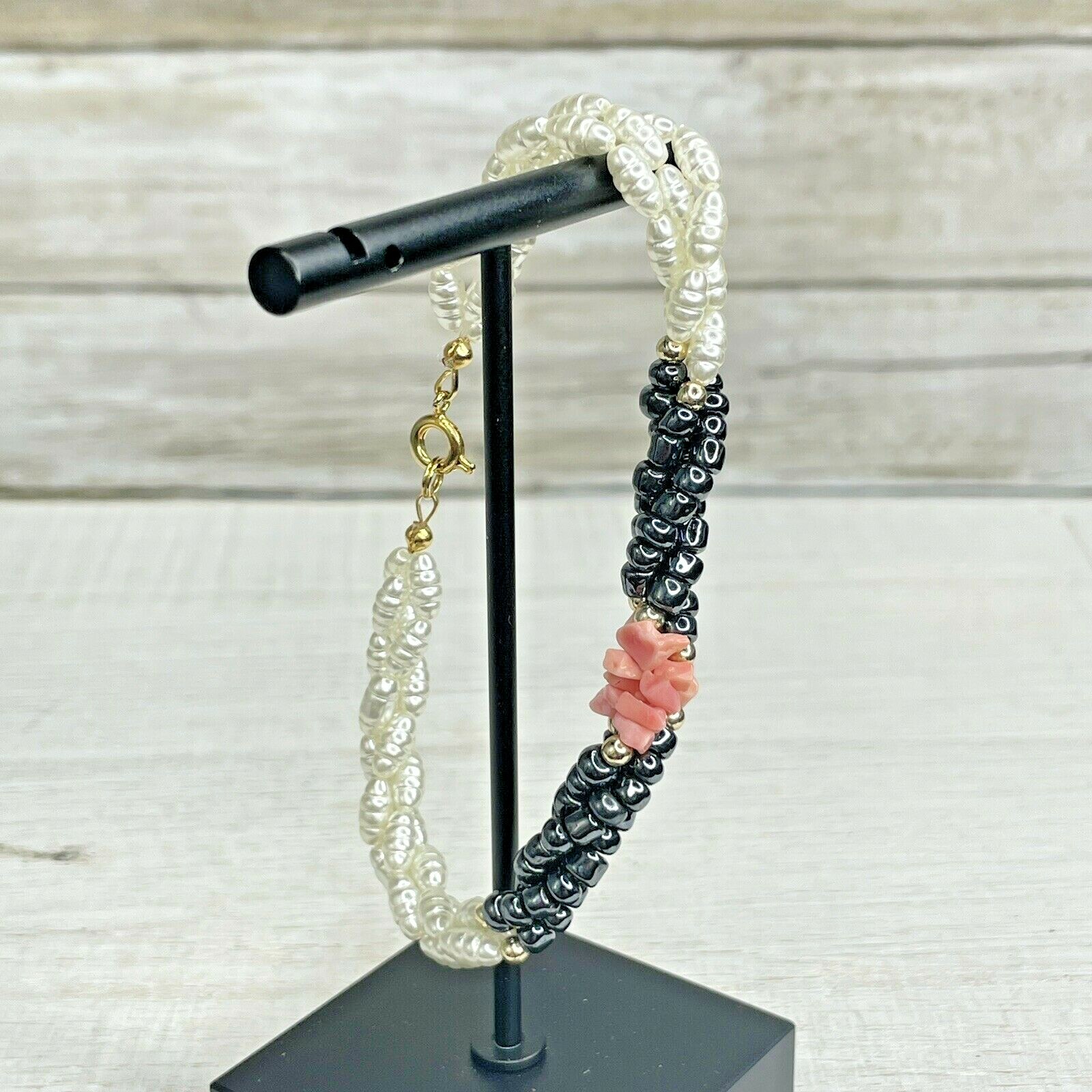 Coral Pink White Black Faux Pearl Bead Bracelet